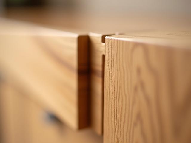 Nærbilde av en vakkert utformet svalehaleskjøt på et kjøkkenskap i tre